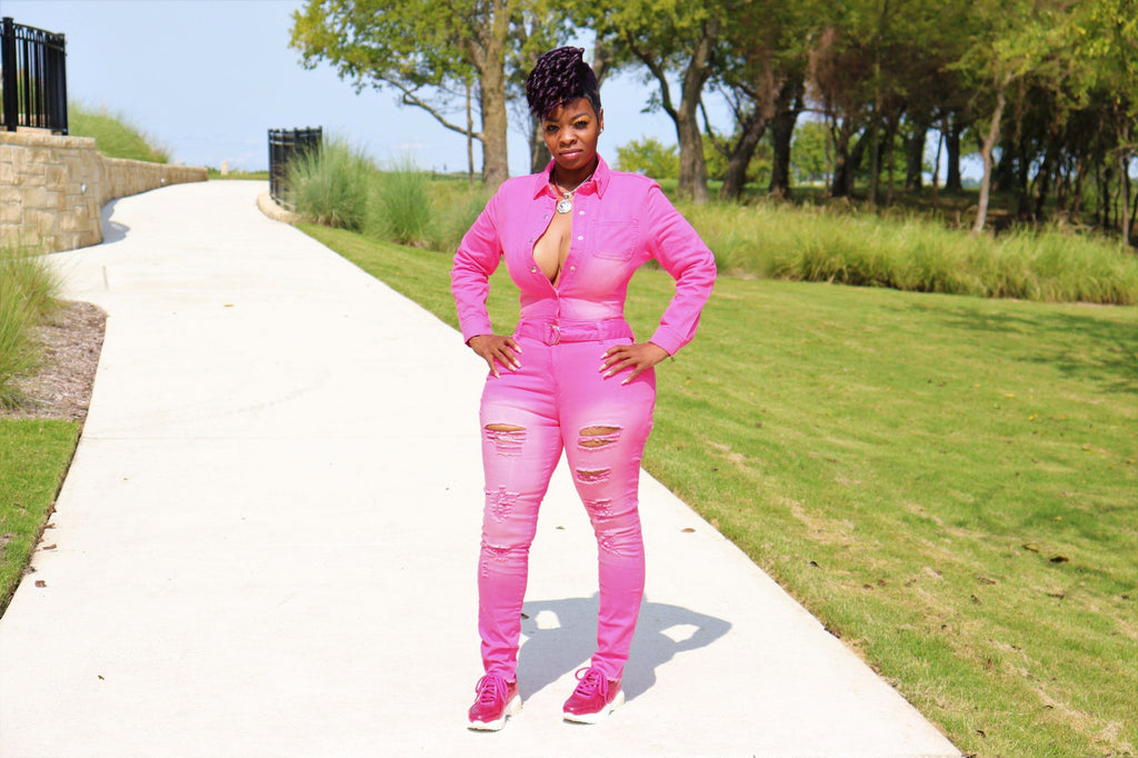 STRETCH PINK DENIM JUMPSUIT